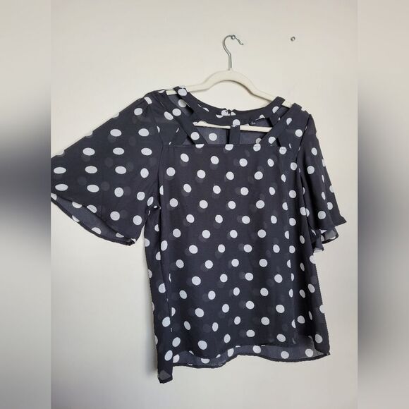 A.U.W. Polka Dot Blouse Black White Strappy Flounce Sleeve Teacher Office Medium - Picture 6 of 11